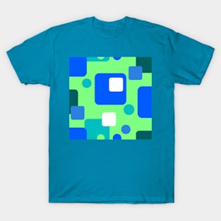 Retro Abstract Dream Space Teal Blue White on Bright Green T-Shirt